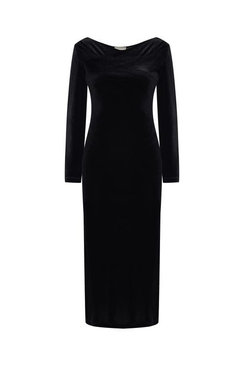  KADİFE GÖRÜNÜMLÜ KRUVAZE YAKA MİDİ ELBİSE