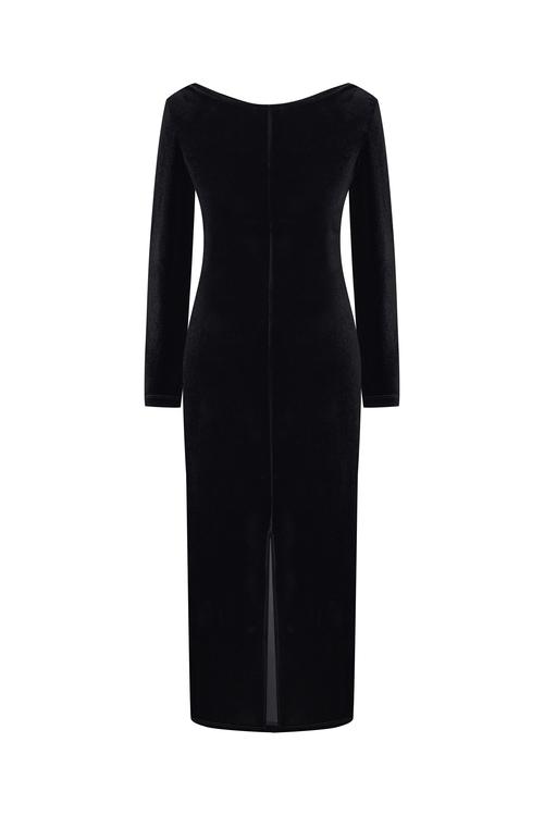  KADİFE GÖRÜNÜMLÜ KRUVAZE YAKA MİDİ ELBİSE