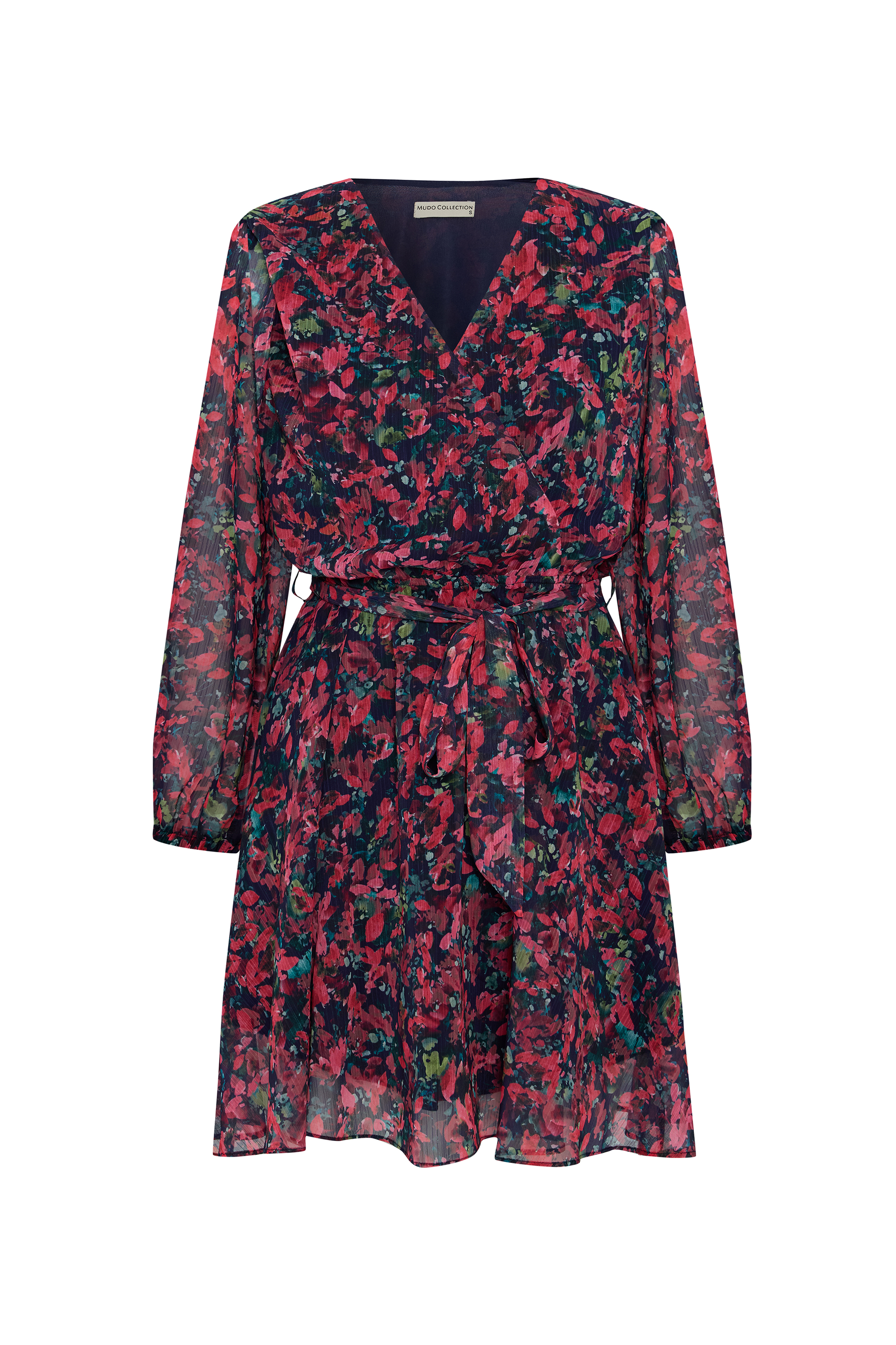 BASKILI BELİ KUŞAKLI MİNİ ELBİSE