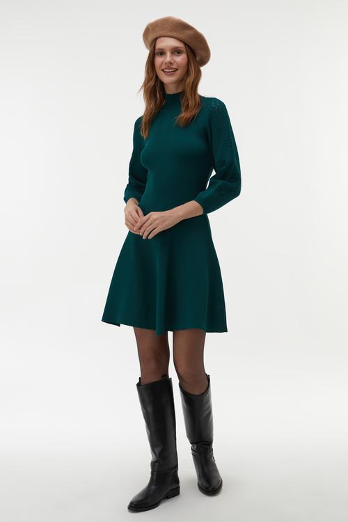  ÖRGÜ DETAYLI TRİKO KLOŞ MİDİ ELBİSE