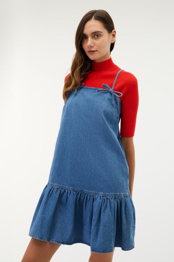 VOLANLI ASKILI MİNİ JEAN ELBİSE