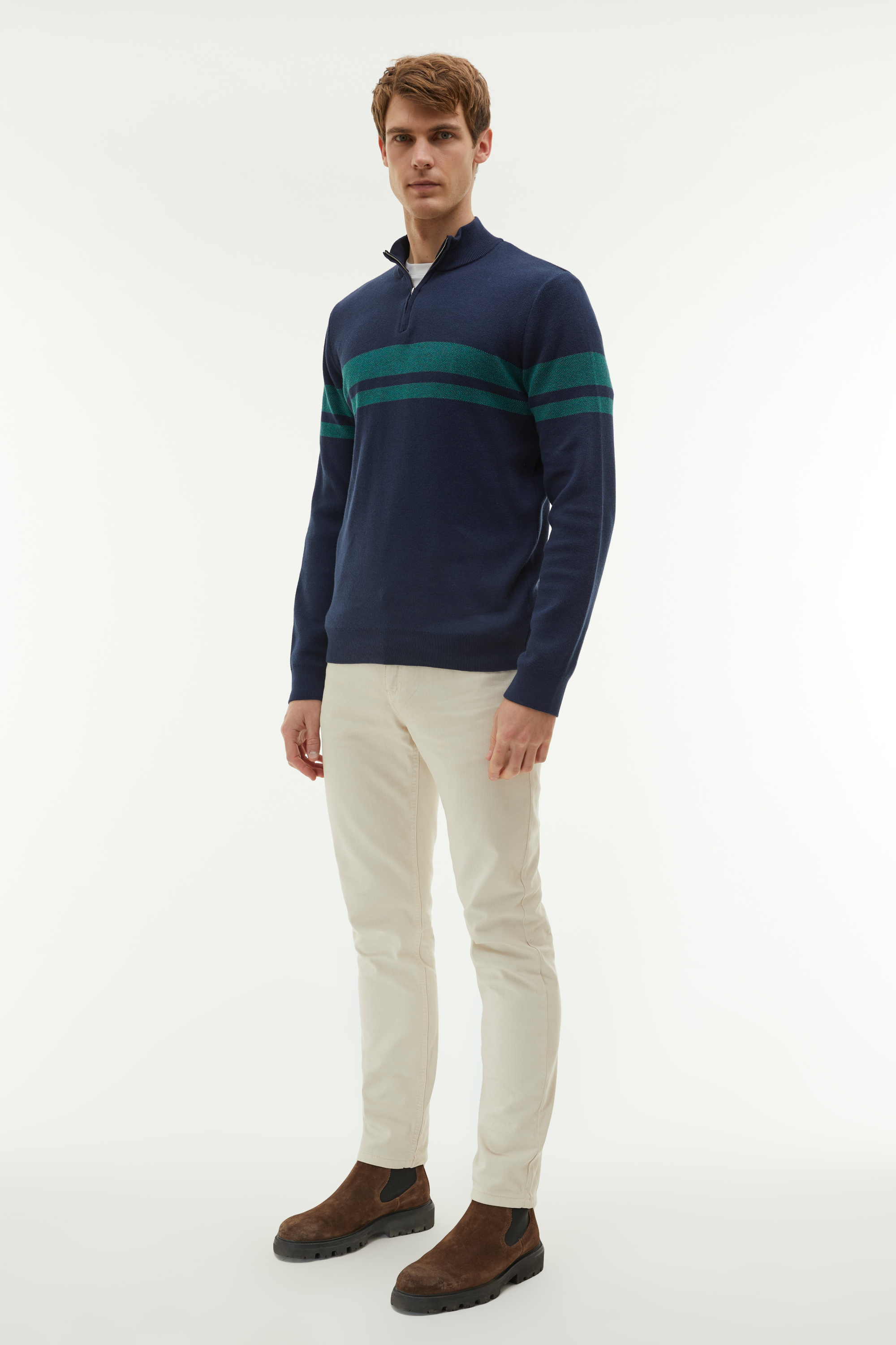 BALIKÇI YAKA RENK BLOKLU KAZAK