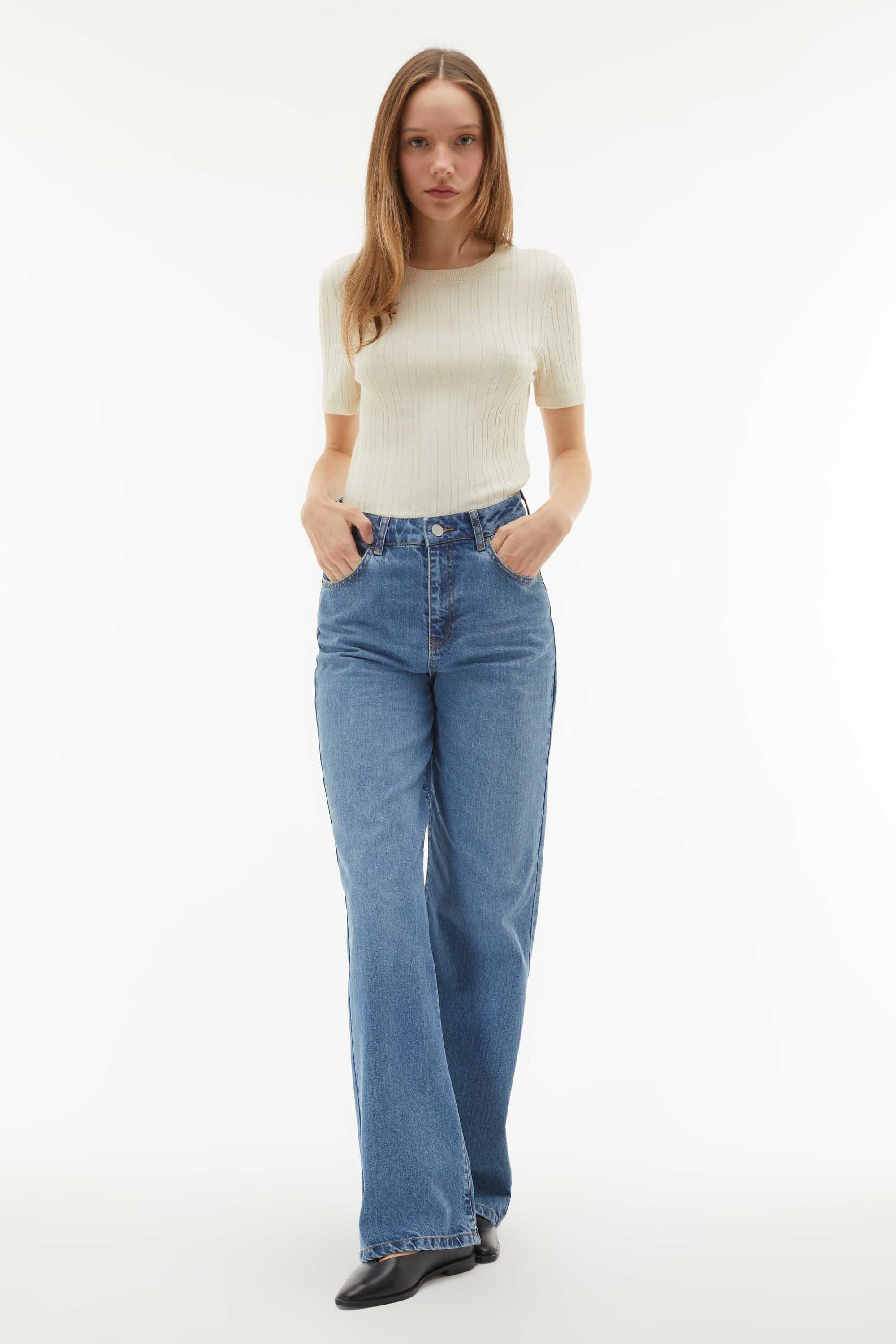 BİSİKLET YAKA FİTİLLİ KISA KOLLU KAZAK