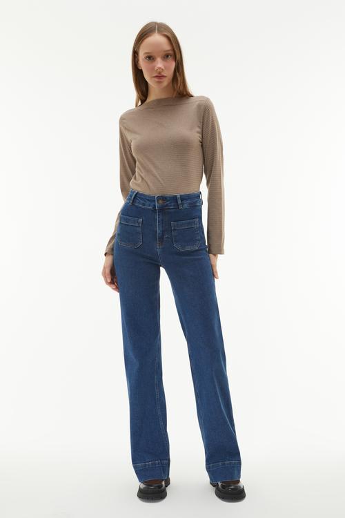  ÇİZGİLİ KAYIK YAKA UZUN KOLLU T-SHIRT