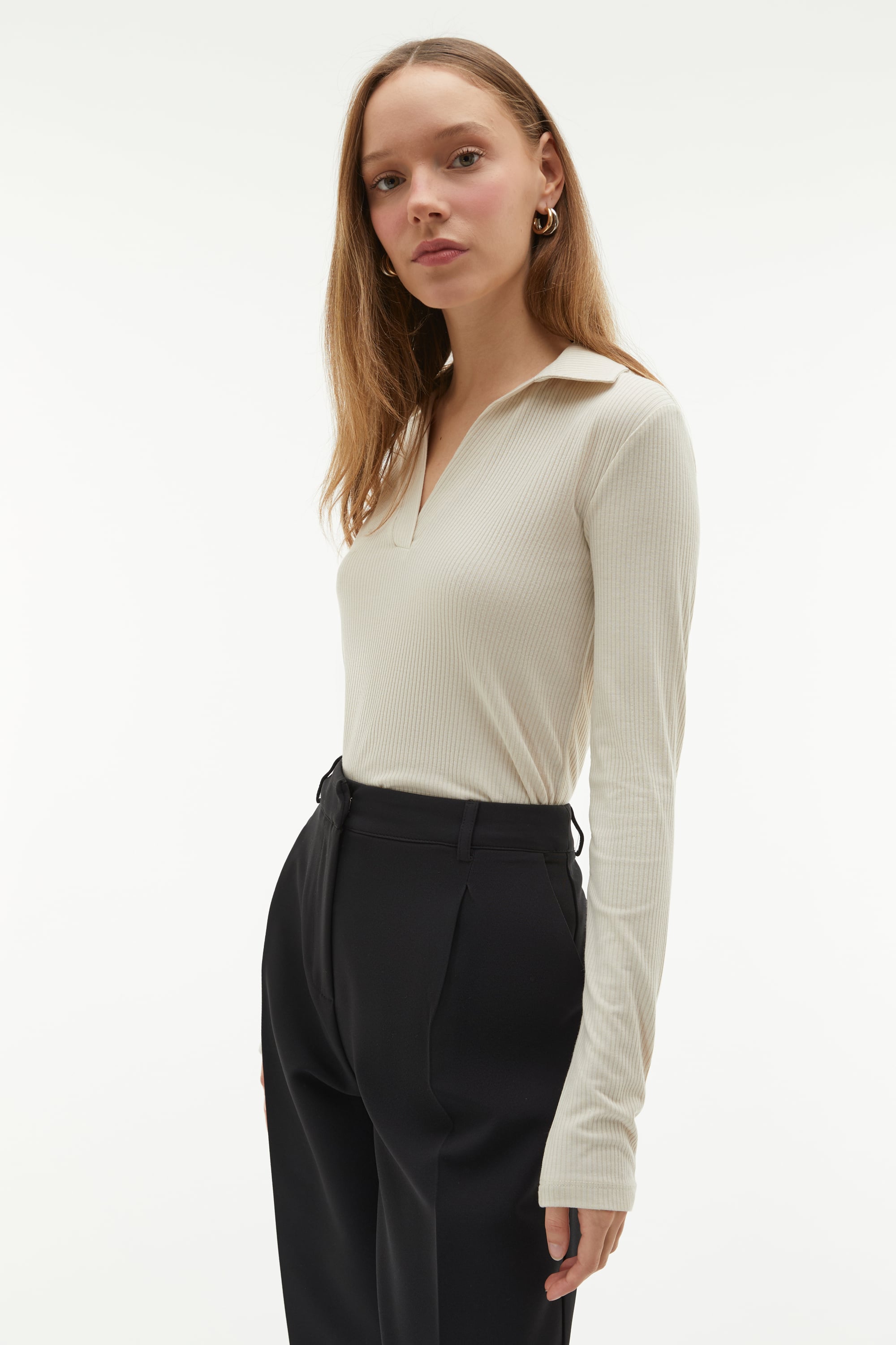 POLO YAKA FİTİLLİ UZUN KOLLU T-SHIRT