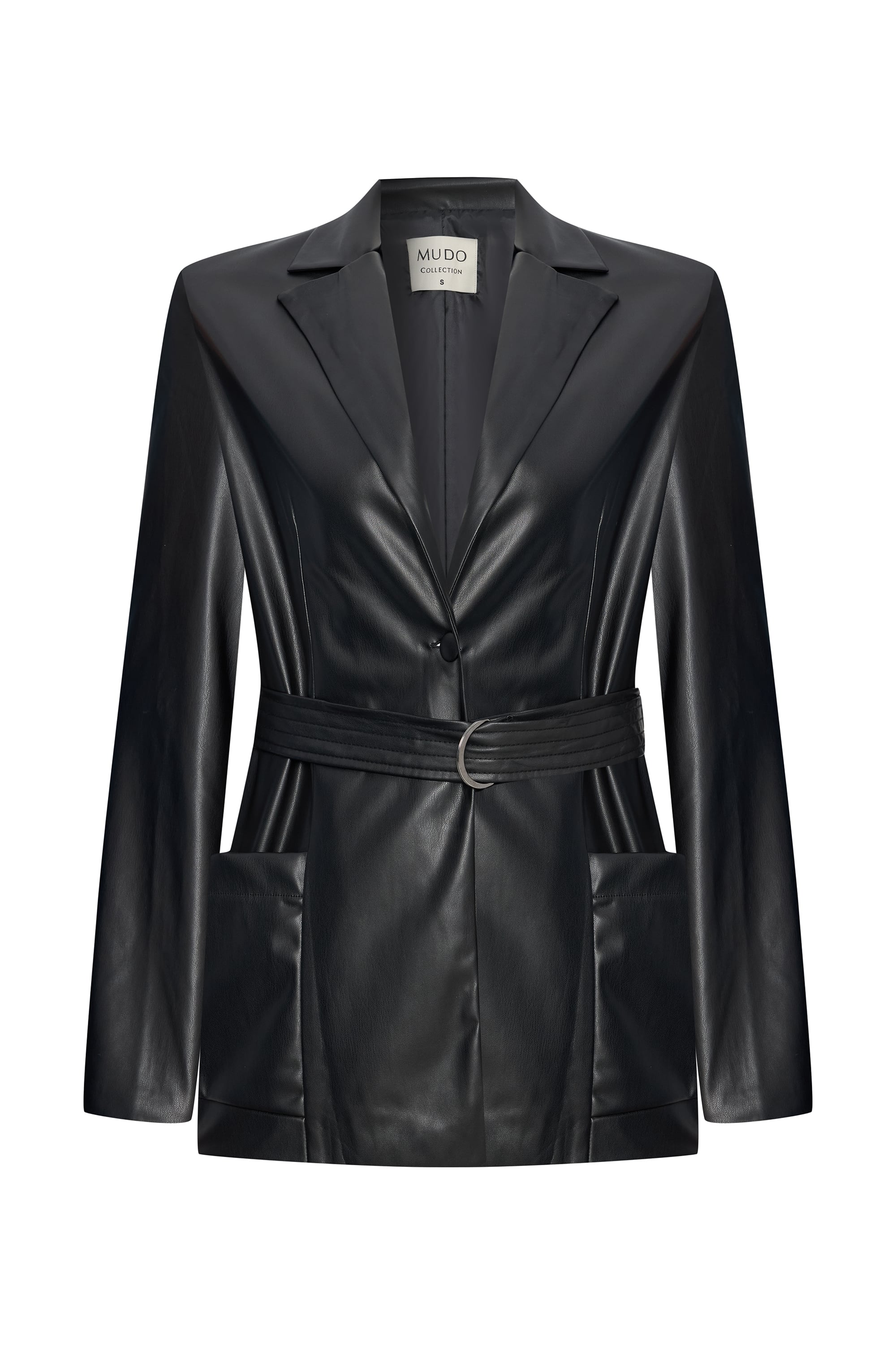 KEMERLİ DERİ GÖRÜNÜMLÜ KISA TRENÇKOT