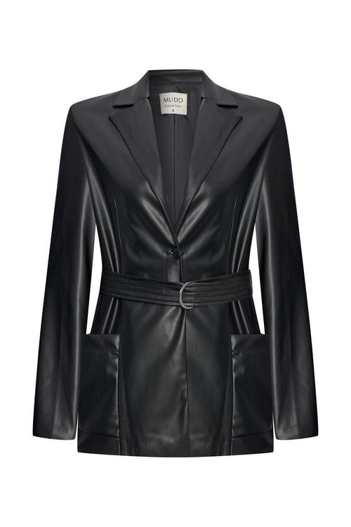  KEMERLİ DERİ GÖRÜNÜMLÜ KISA TRENÇKOT