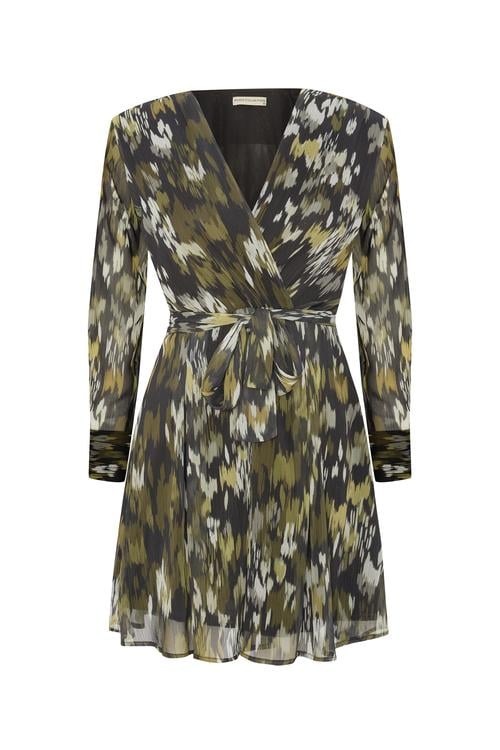 FLORAL BASKILI BELİ BAĞLAMALI MİNİ ELBİSE