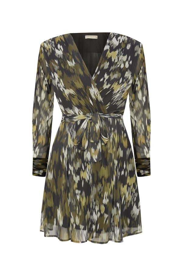 FLORAL BASKILI BELİ BAĞLAMALI MİNİ ELBİSE