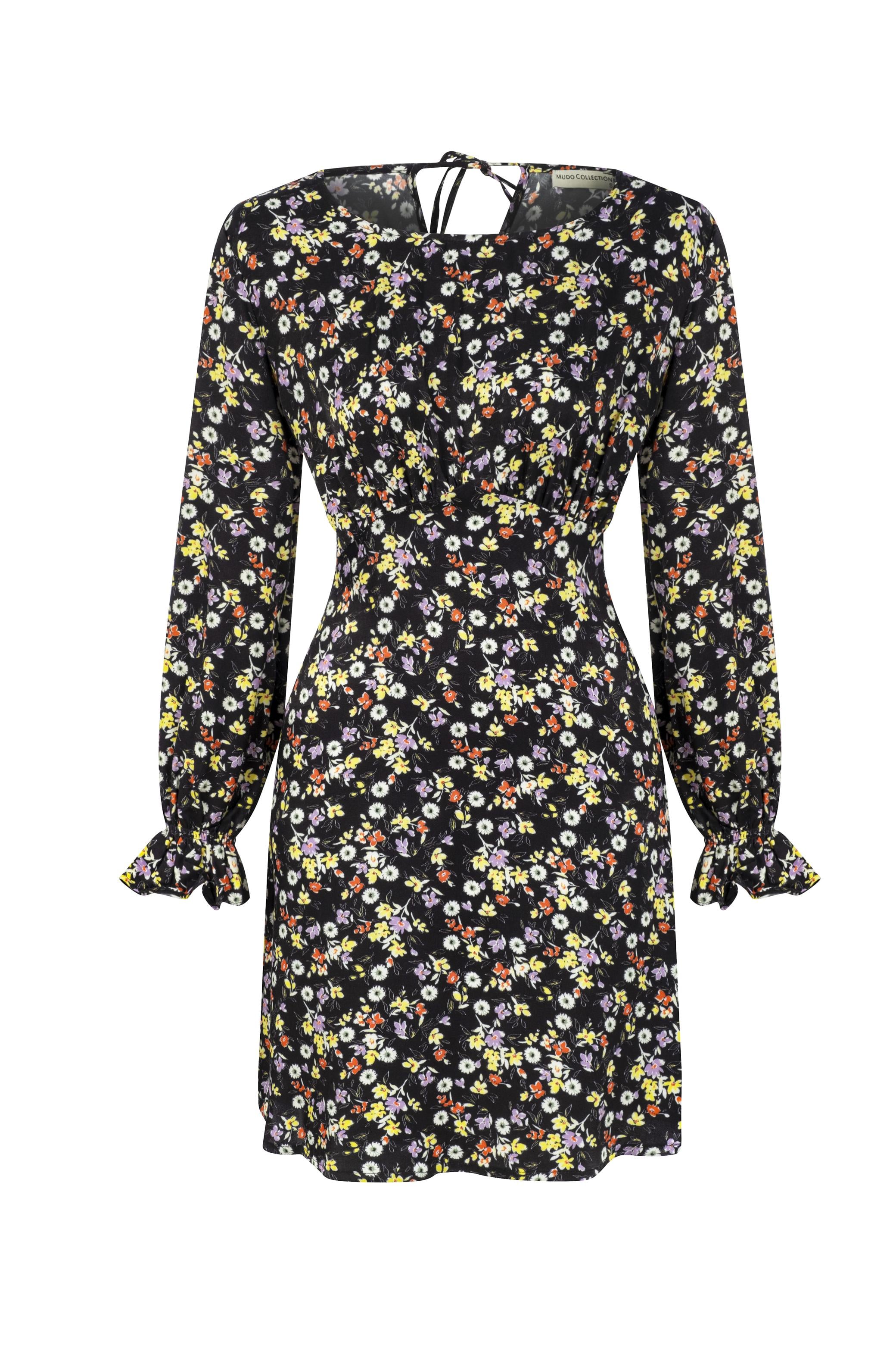 ÇİÇEK DESENLİ UZUN KOLLU A FORM MİNİ ELBİSE