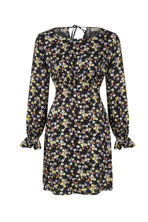 ÇİÇEK DESENLİ UZUN KOLLU A FORM MİNİ ELBİSE