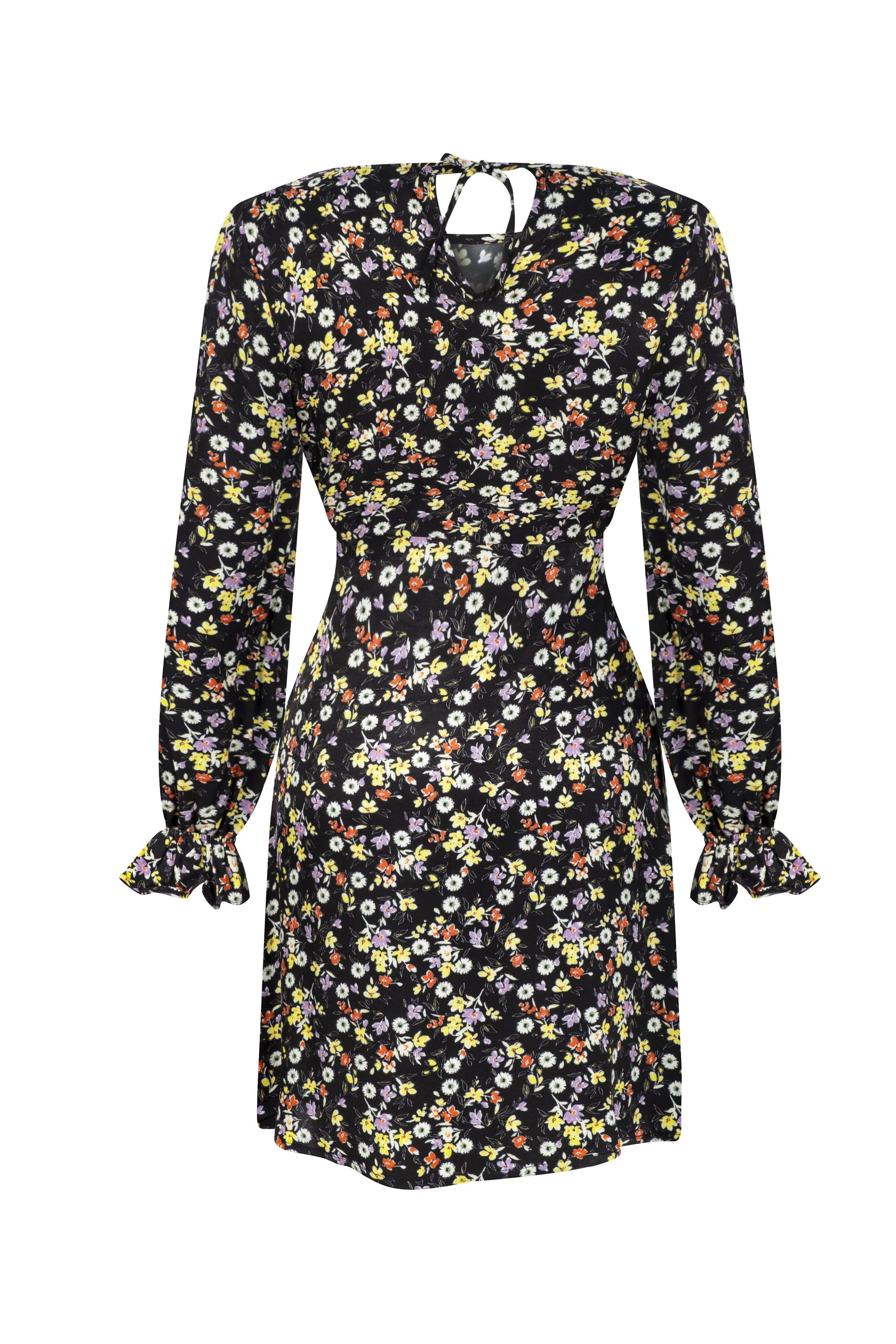 ÇİÇEK DESENLİ UZUN KOLLU A FORM MİNİ ELBİSE