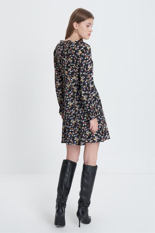 ÇİÇEK DESENLİ UZUN KOLLU A FORM MİNİ ELBİSE