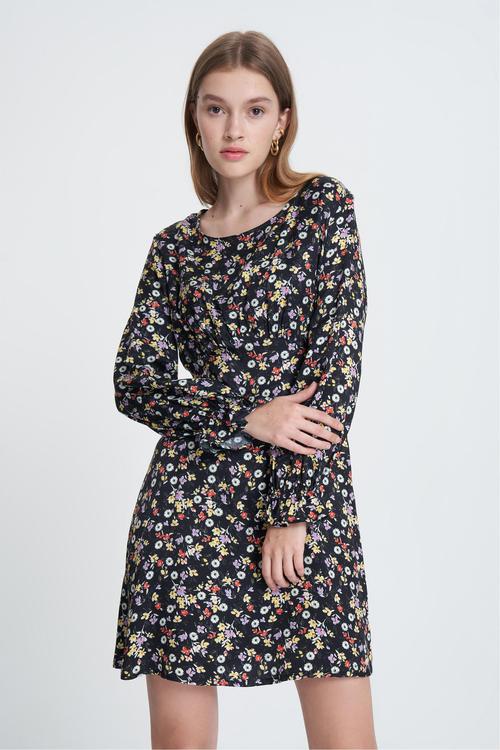 ÇİÇEK DESENLİ UZUN KOLLU A FORM MİNİ ELBİSE