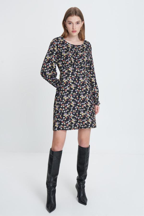 ÇİÇEK DESENLİ UZUN KOLLU A FORM MİNİ ELBİSE