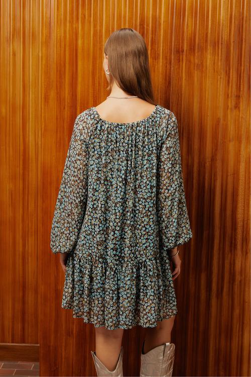  ÇİÇEK DESENLİ UZUN KOLLU MİNİ KLOŞ ELBİSE