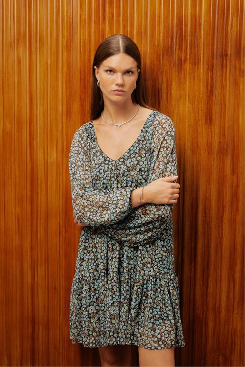  ÇİÇEK DESENLİ UZUN KOLLU MİNİ KLOŞ ELBİSE