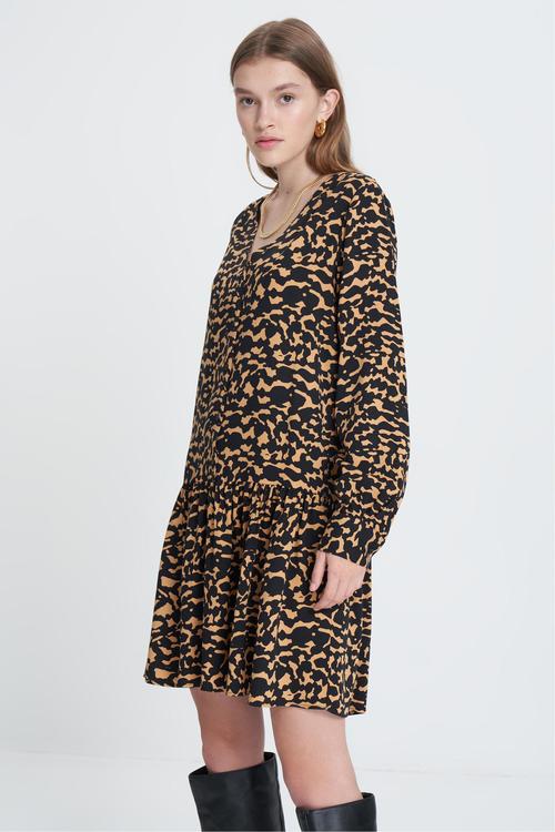  LEOPAR DESENLİ UZUN KOLLU MİNİ ELBİSE