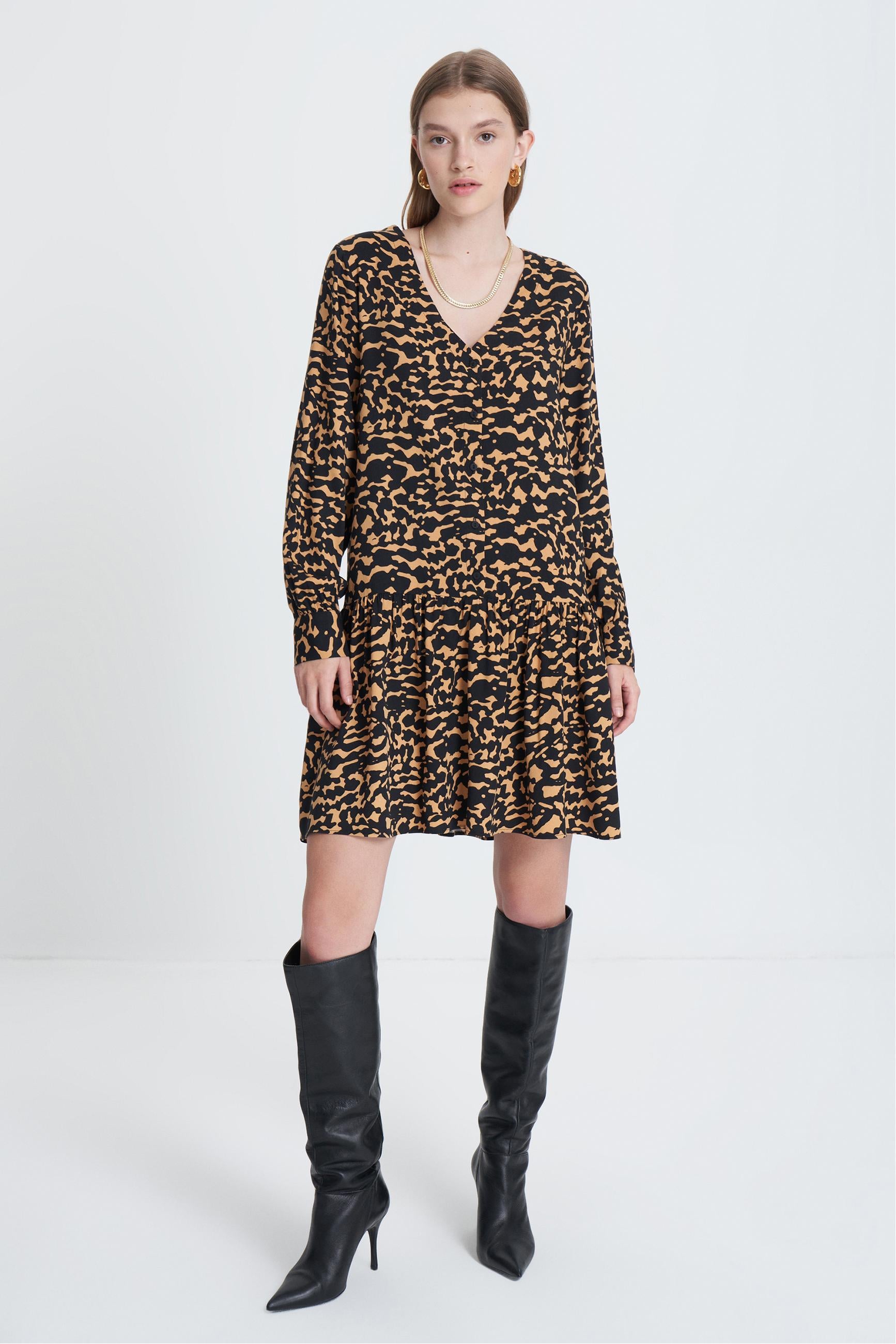 LEOPAR DESENLİ UZUN KOLLU MİNİ ELBİSE