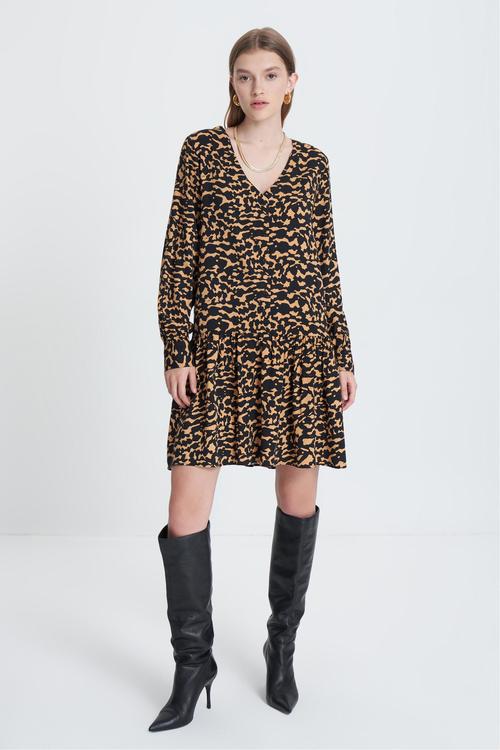  LEOPAR DESENLİ UZUN KOLLU MİNİ ELBİSE