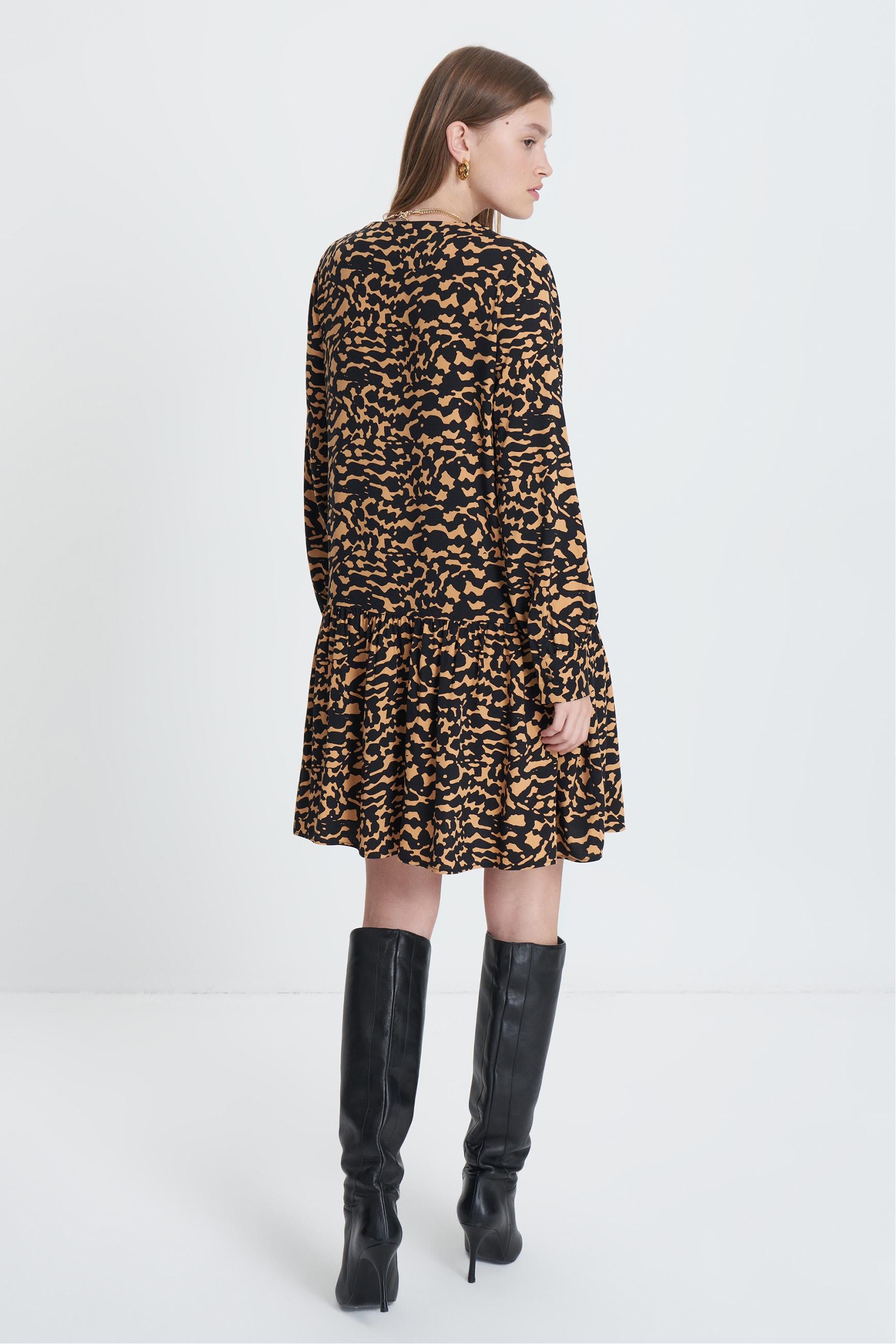 LEOPAR DESENLİ UZUN KOLLU MİNİ ELBİSE