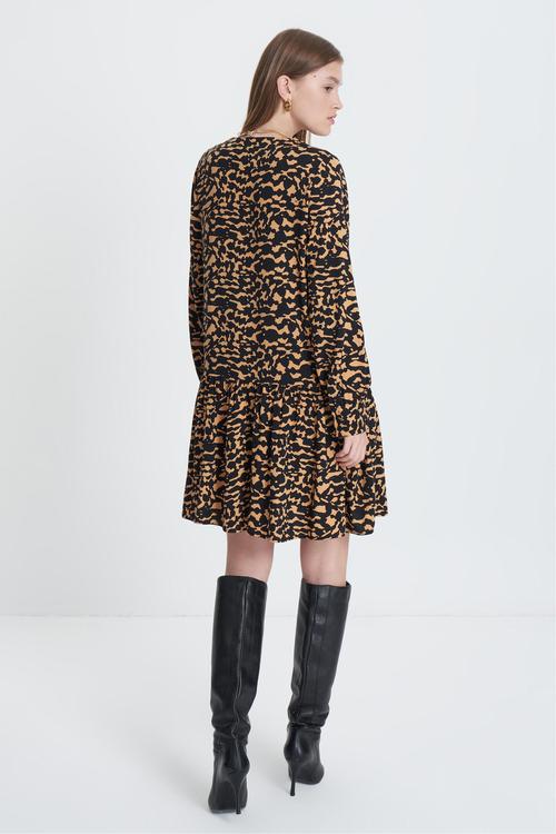  LEOPAR DESENLİ UZUN KOLLU MİNİ ELBİSE