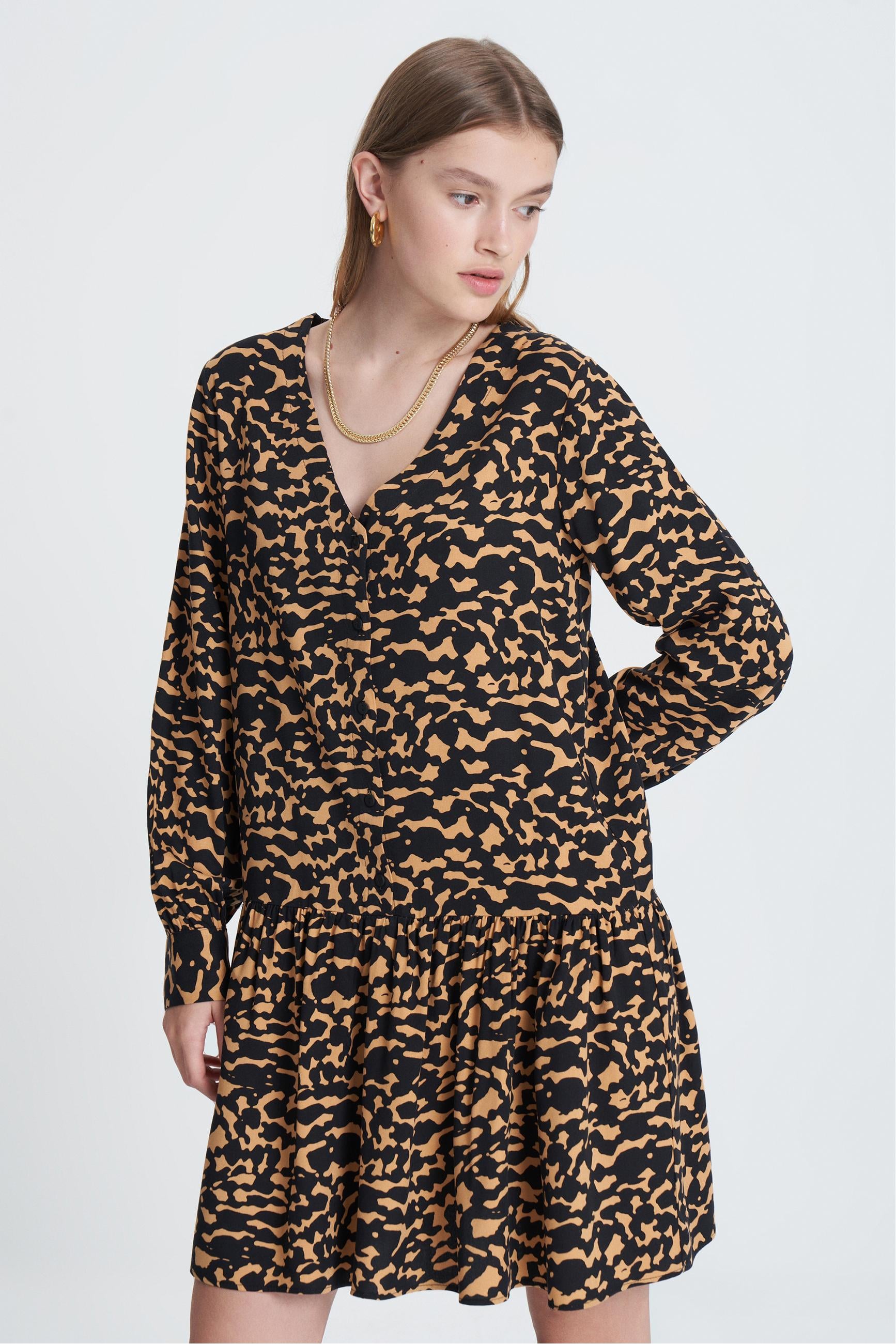 LEOPAR DESENLİ UZUN KOLLU MİNİ ELBİSE