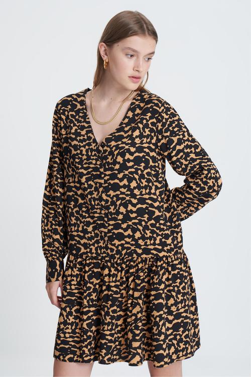  LEOPAR DESENLİ UZUN KOLLU MİNİ ELBİSE