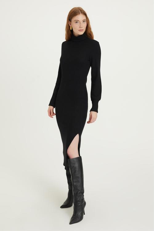  BALIKÇI YAKA YIRTMAÇLI DAR KESİM UZUN ELBİSE