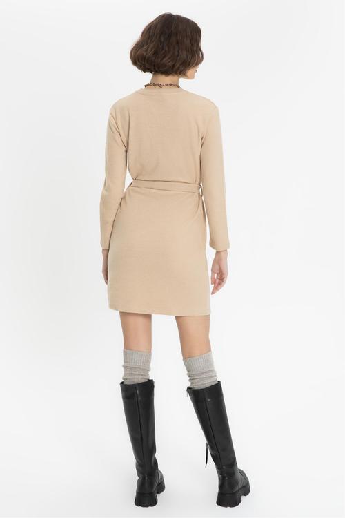  BELİ KUŞAKLI DÜZ KESİM MİNİ ELBİSE