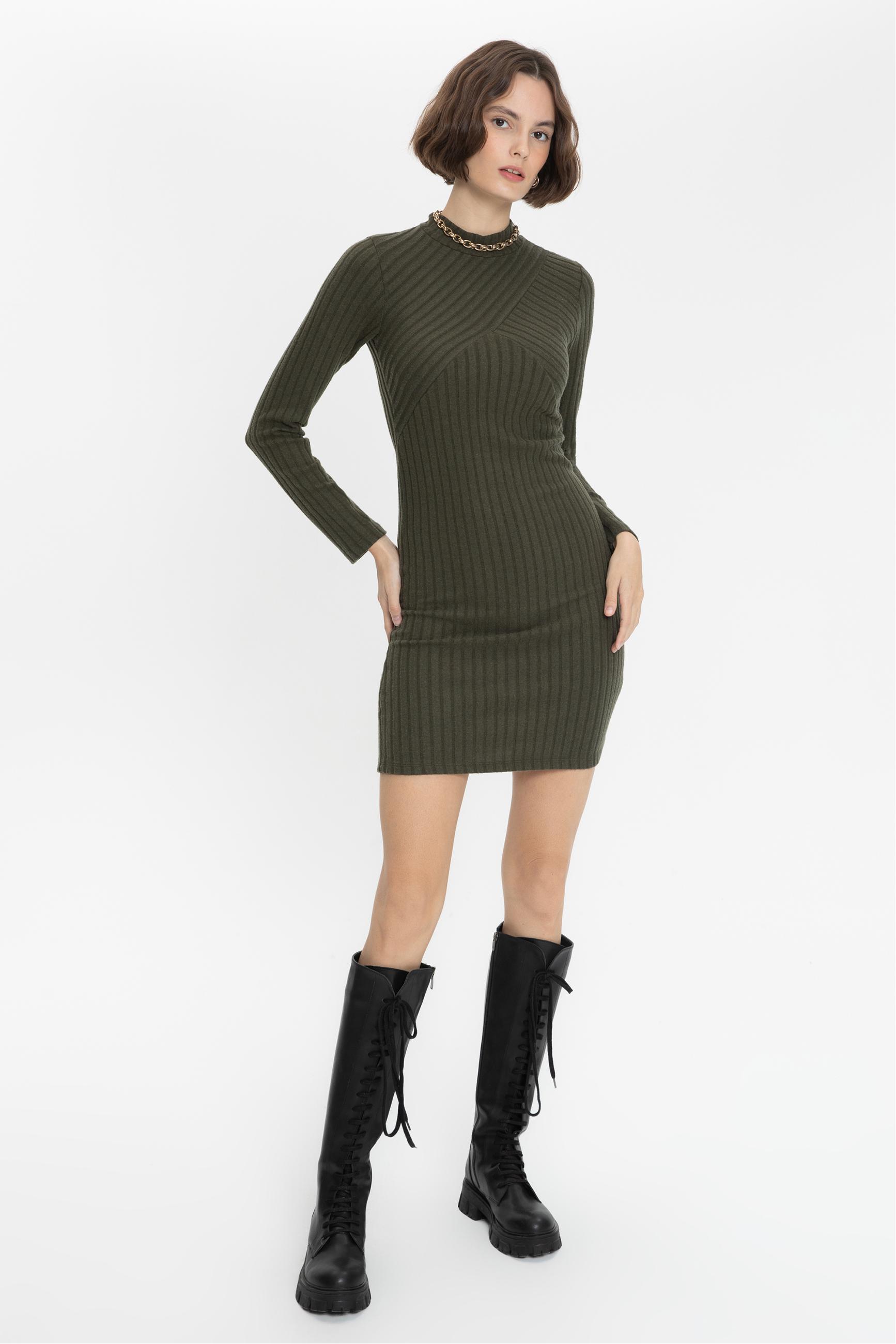 FİTİLLİ UZUN KOLLU DİK YAKA MİNİ ELBİSE