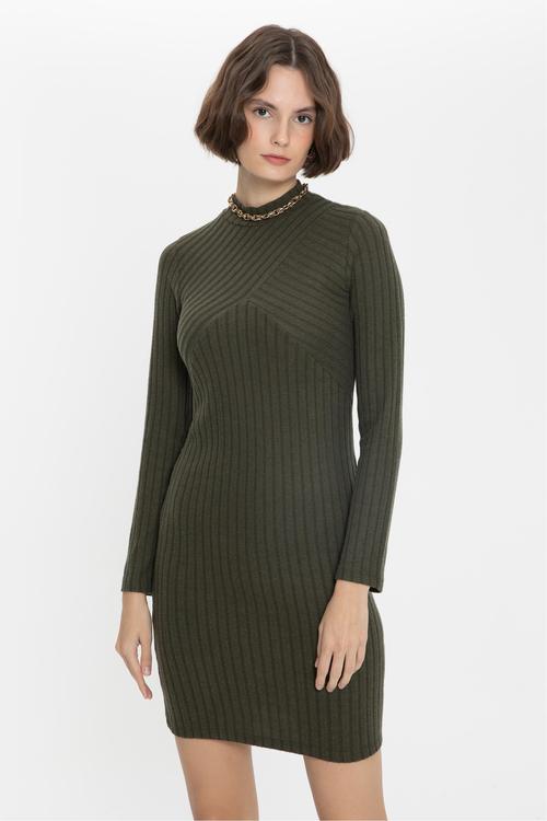  FİTİLLİ UZUN KOLLU DİK YAKA MİNİ ELBİSE