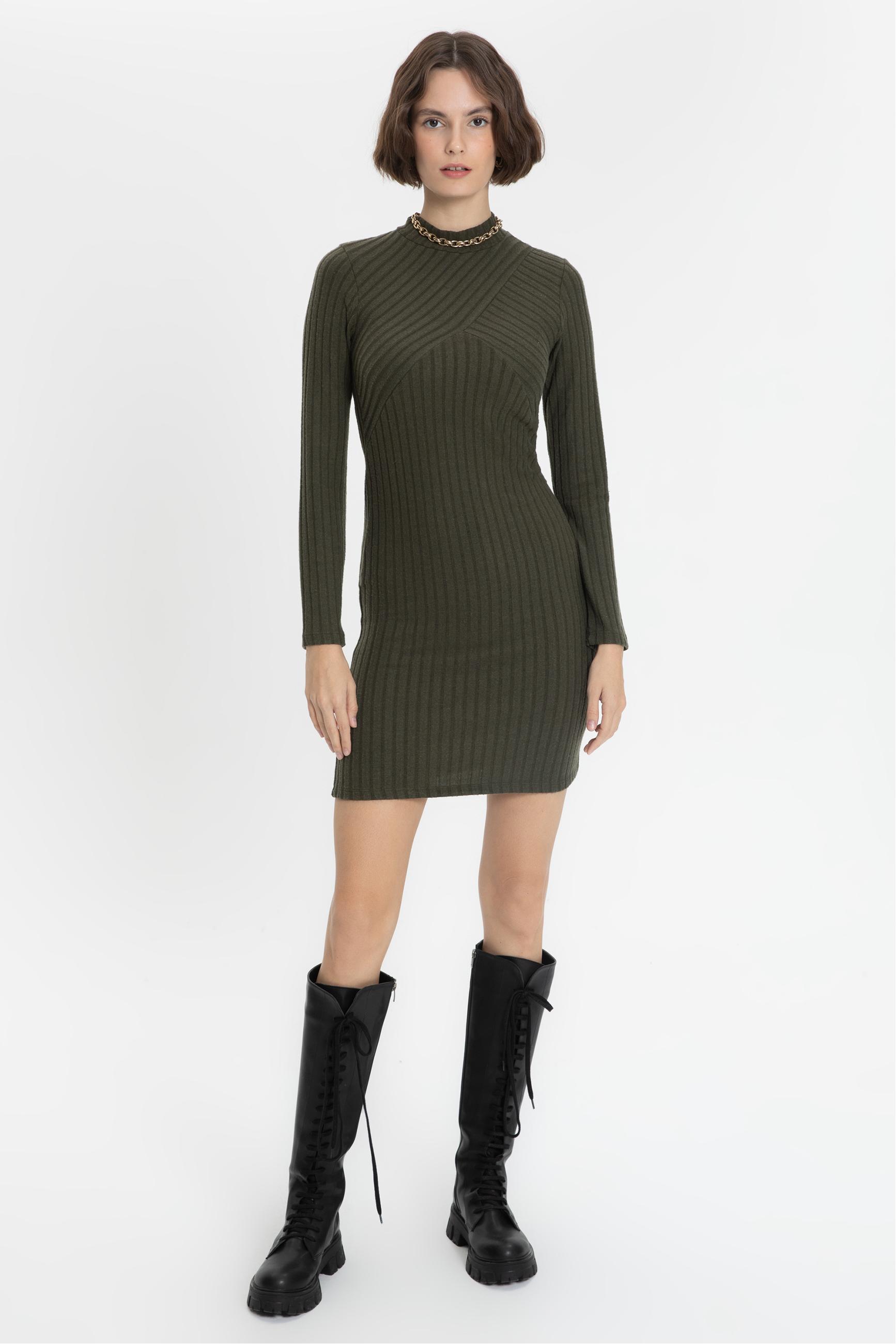 FİTİLLİ UZUN KOLLU DİK YAKA MİNİ ELBİSE