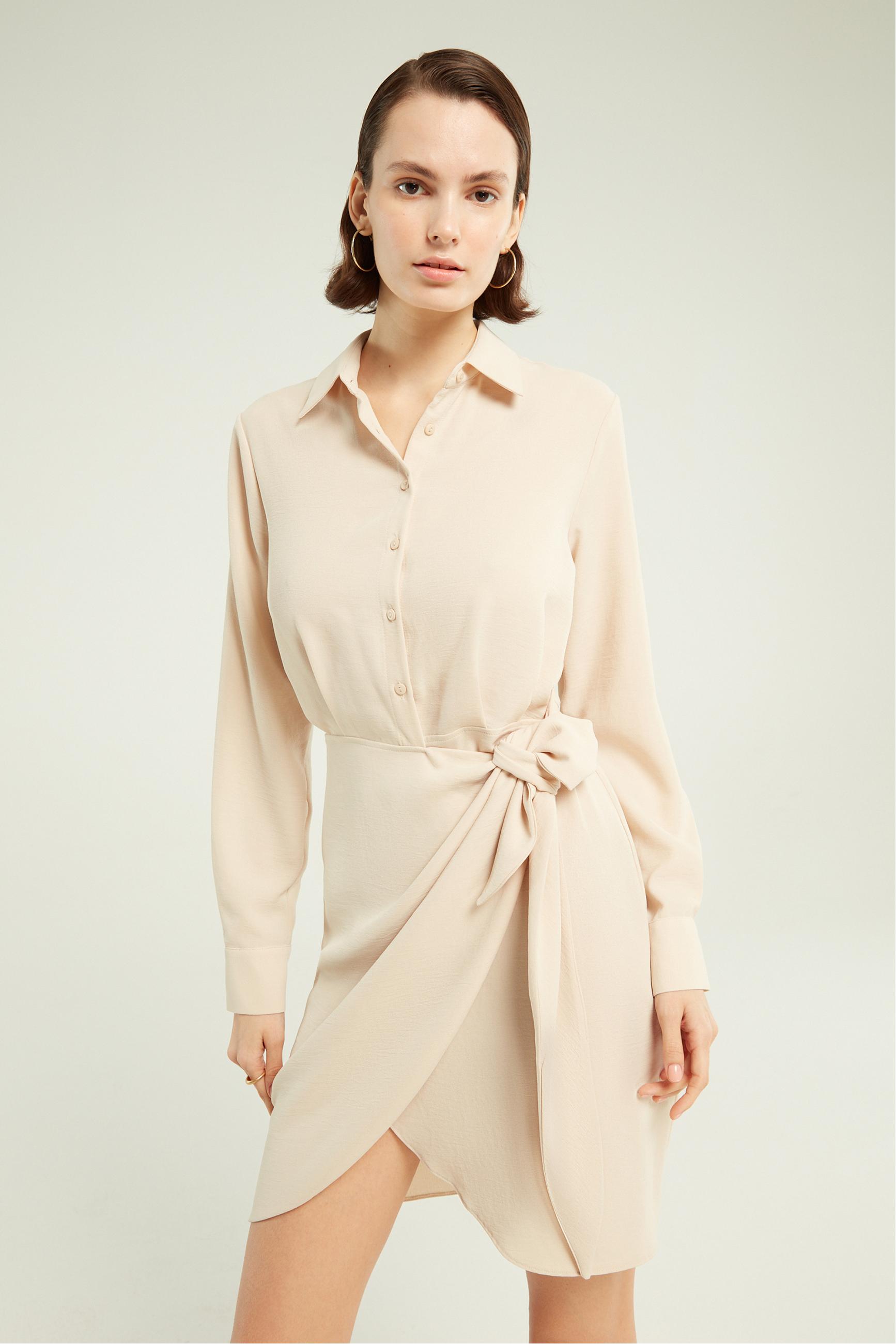 UZUN KOLLU KRUVAZE MİNİ GÖMLEK ELBİSE