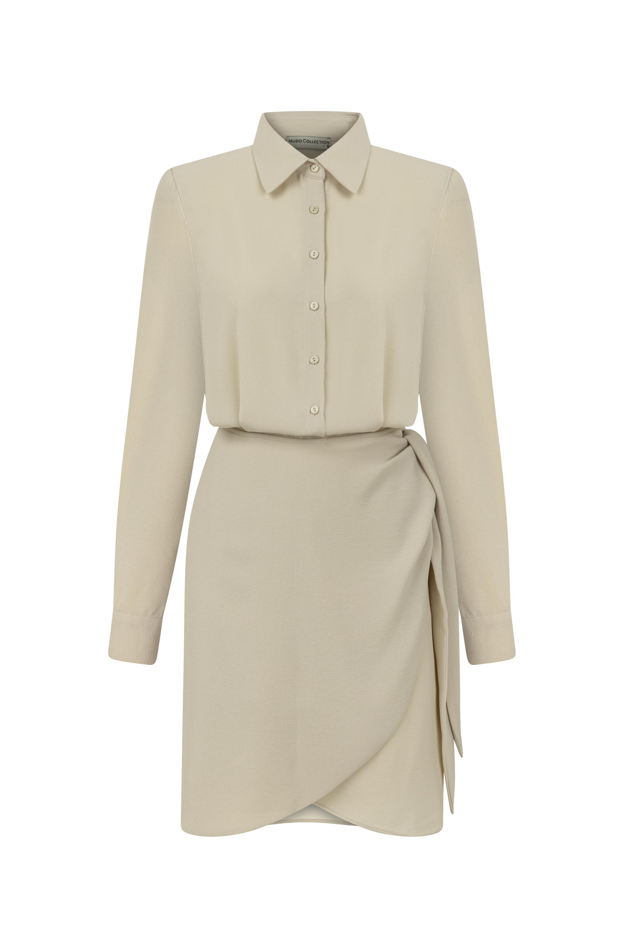 UZUN KOLLU KRUVAZE MİNİ GÖMLEK ELBİSE