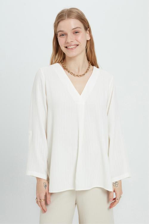  ÇİZGİLİ V YAKA BLUZ