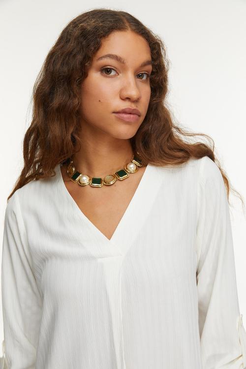  ÇİZGİLİ V YAKA BLUZ