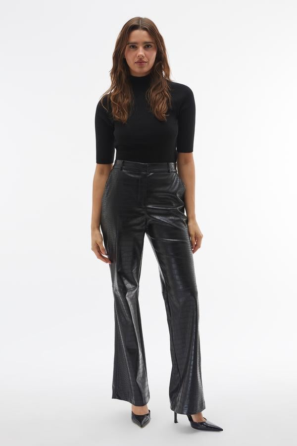 DERİ GÖRÜNÜMLÜ WIDE LEG TEKSTÜRLÜ PANTOLON