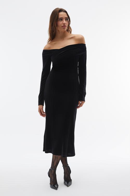  KADİFE GÖRÜNÜMLÜ KRUVAZE YAKA MİDİ ELBİSE