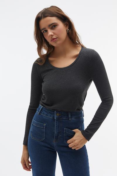 Mudo Gri Açik Yaka Fitilli Uzun Kollu T-Shirt