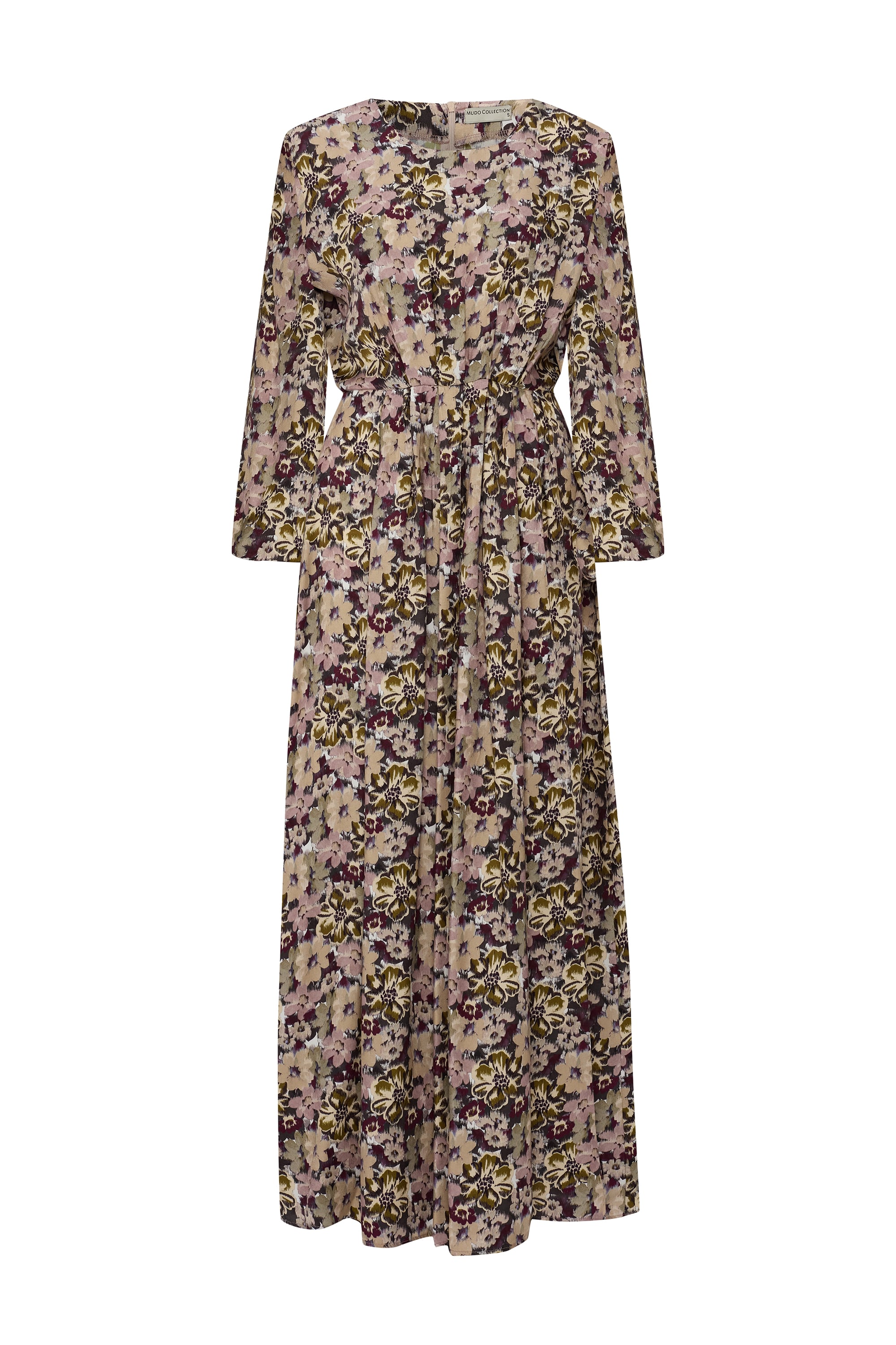 BASKILI BELE OTURAN UZUN ELBİSE