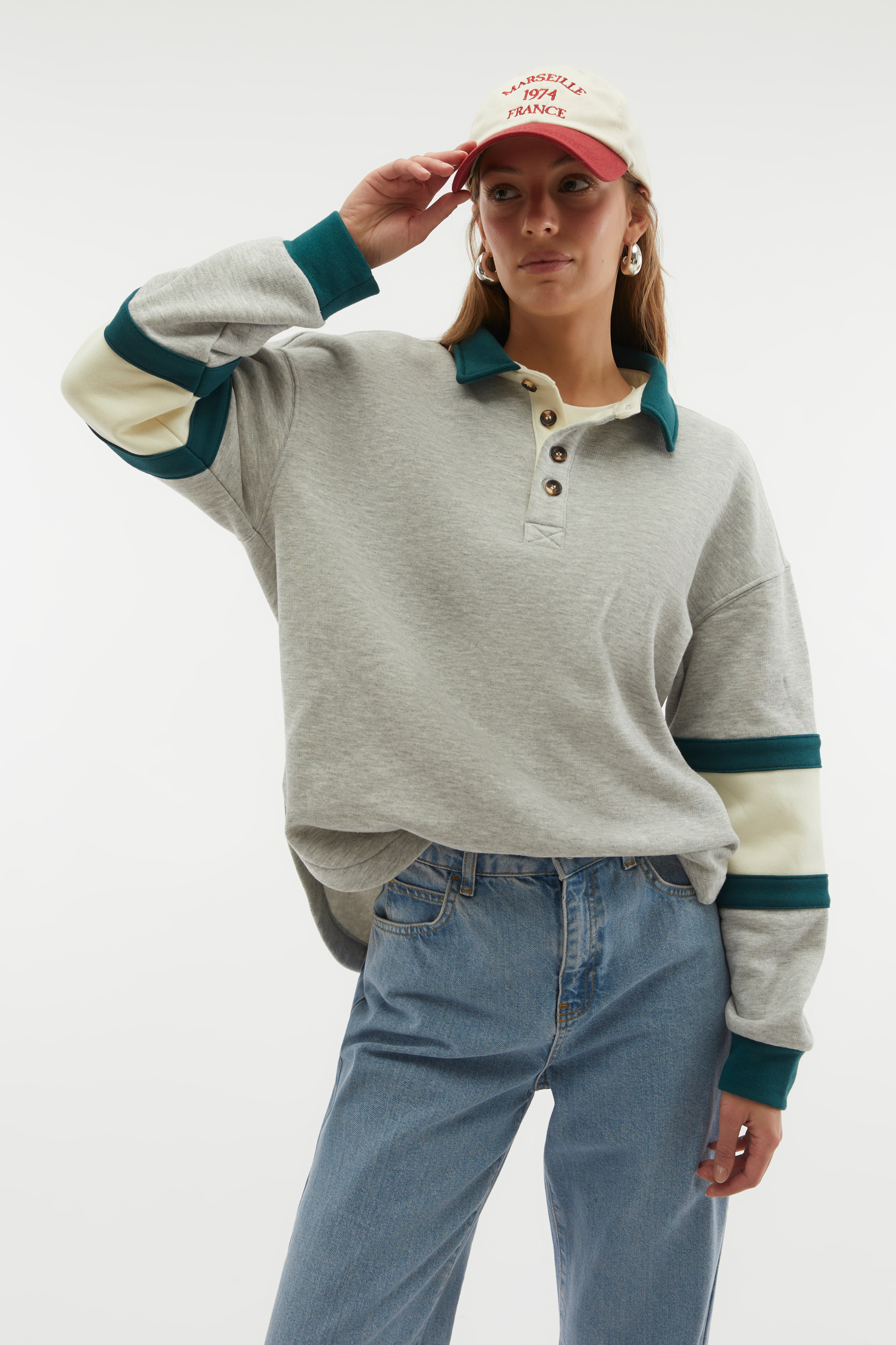 LOOSE FIT POLO YAKA KOLEJ SWEATSHIRT