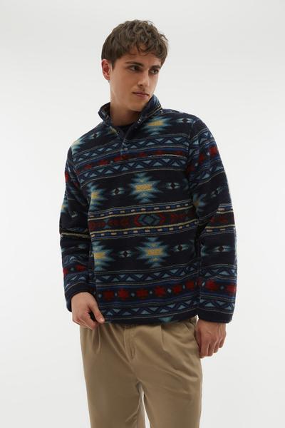 Mudo Lacivert Etnik Desenli Polar Dik Yaka Sweatshirt