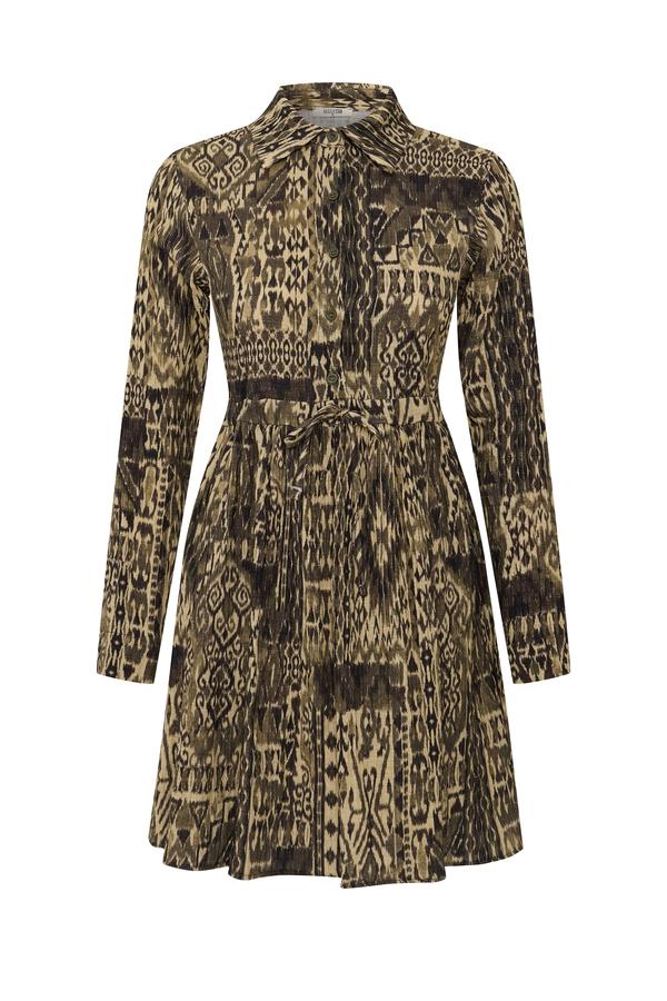 BASKILI BELİ BAĞLAMALI MİNİ GÖMLEK ELBİSE