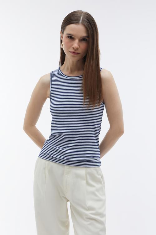  BİSİKLET YAKA ÇİZGİLİ KOLSUZ BLUZ