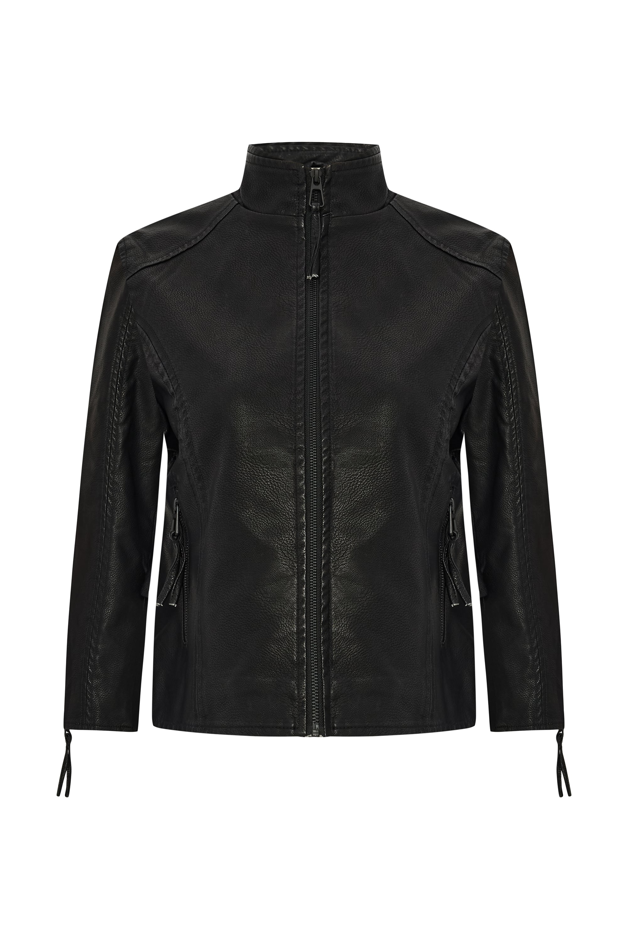 DİK YAKA DERİ GÖRÜNÜMLÜ CEKET