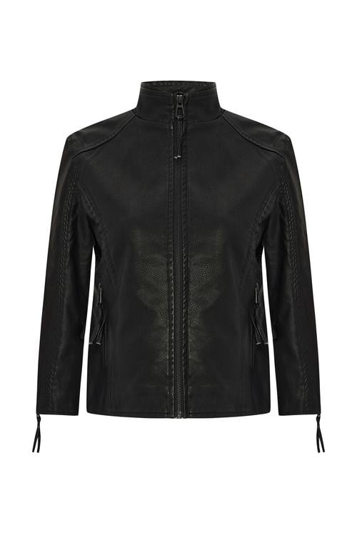 DİK YAKA DERİ GÖRÜNÜMLÜ CEKET