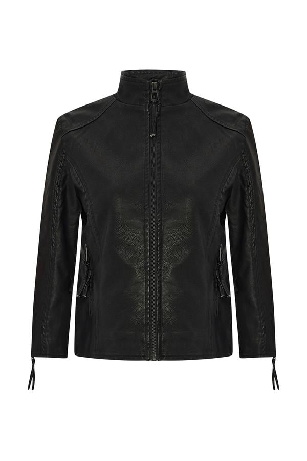 DİK YAKA DERİ GÖRÜNÜMLÜ CEKET