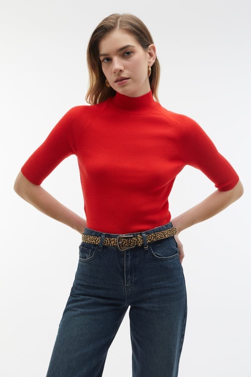  DİK YAKA KISA KOLLU KAZAK