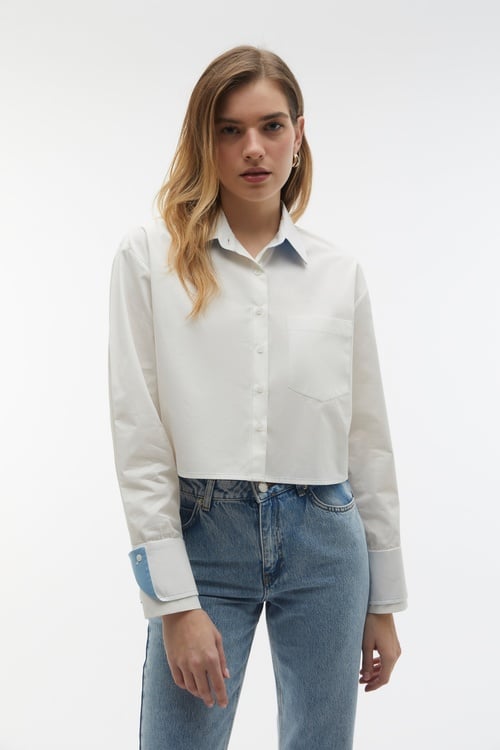 DİKİŞ DETAYLI UZUN KOLLU CROP GÖMLEK